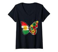 Womens Kurdish Girls Roots Kurdistan Flag Pride Heritage Butterfly V-Neck T-Shirt