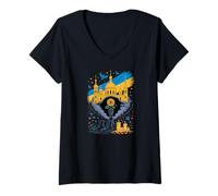 Womens Kyiv Ukraine Tribute Sunflower and Church Peace Dove V-Neck T-Shirt