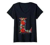 Womens L Christmas Letter Holiday Poinsettia Joy V-Neck T-Shirt