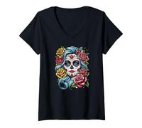 Womens La Catrina Day of The Dead Dia De Los Muertos Sugar Skull V-Neck T-Shirt