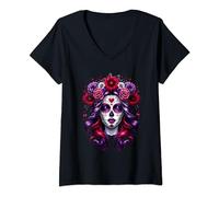 Womens La Catrina De Los Muertos Santa Muerte Sugar Skull V-Neck T-Shirt