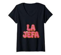 Women's La Jefa Funny Latina Boss Mom Groovy Spanish Saying Art V-Neck T-Shirt