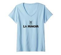 Women's La Mancha Spanish Windmill Don Quixote Black Print V-Neck T-Shirt