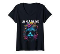 Womens La Plata Maryland Cat Wearing Sunglasses and Flowers Design V-Neck T-Shirt