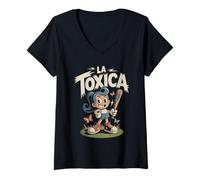 Womens La Toxica Retro Cartoon Style Funny Latina Vibes Baseball V-Neck T-Shirt