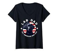 Women's Lab Dad All-American Dog Dad Patriotic Flag Black Labrador V-Neck T-Shirt