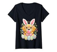 Women's Lab Golden Retriever Bunny Ears Cute Easter Dog Tee V-Neck T-Shirt