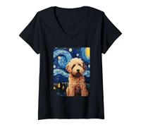 Women's Labradoodle Art Starry Night Vincent Van Gogh Dog Pet V-Neck T-Shirt
