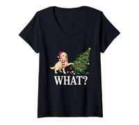 Womens Labrador Dog Retriever Pushing Christmas Tree Over Dog What? V-Neck T-Shirt