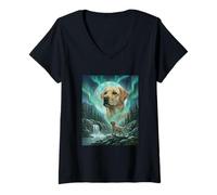 Women's Labrador Retriever Aurora Borealis Northern Lights Dog V-Neck T-Shirt