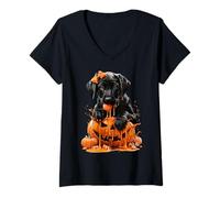 Womens Labrador Retriever Dripping Pumpkin Candy Corn Halloween Dog V-Neck T-Shirt