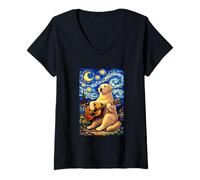 Women's Labrador Retriever Playing Guitar Whimsical Art Camping V-Neck T-Shirt