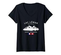 Womens Lac Léman Lake Geneva France Switzerland French Swiss Flag V-Neck T-Shirt