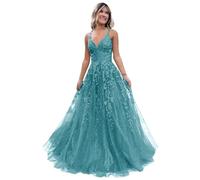 Women's Lace Applique Prom Dresses Long Tulle Bridesmaid Dress A Line V Neck Formal Party Ball Gowns with Slit Turquoise 6XL