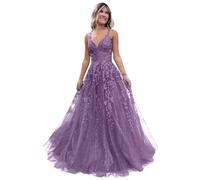 Women's Lace Applique Prom Dresses Long Tulle Bridesmaid Dress A Line V Neck Formal Party Ball Gowns with Slit Mauve XS