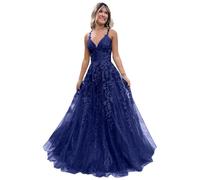 Women's Lace Applique Prom Dresses Long Tulle Bridesmaid Dress A Line V Neck Formal Party Ball Gowns with Slit Navy S