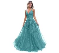 Women's Lace Applique Prom Dresses Long Tulle Bridesmaid Dress A Line V Neck Formal Party Ball Gowns with Slit Aqua S