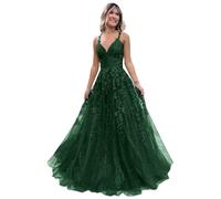Women's Lace Applique Prom Dresses Long Tulle Bridesmaid Dress A Line V Neck Formal Party Ball Gowns with Slit Emerald Green S