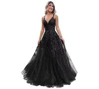 Women's Lace Applique Prom Dresses Long Tulle Bridesmaid Dress A Line V Neck Formal Party Ball Gowns with Slit Black 5XL