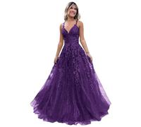 Women's Lace Applique Prom Dresses Long Tulle Bridesmaid Dress A Line V Neck Formal Party Ball Gowns with Slit Purple L
