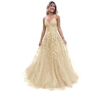 Women's Lace Applique Prom Dresses Long Tulle Bridesmaid Dress A Line V Neck Formal Party Ball Gowns with Slit Champagne XS