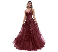 Women's Lace Applique Prom Dresses Long Tulle Bridesmaid Dress A Line V Neck Formal Party Ball Gowns with Slit Desert Rose XL