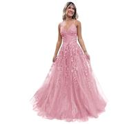 Women's Lace Applique Prom Dresses Long Tulle Bridesmaid Dress A Line V Neck Formal Party Ball Gowns with Slit Pink S