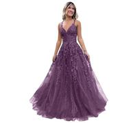 Women's Lace Applique Prom Dresses Long Tulle Bridesmaid Dress A Line V Neck Formal Party Ball Gowns with Slit Wisteria 5XL