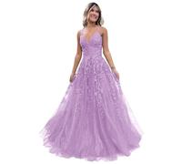 Women's Lace Applique Prom Dresses Long Tulle Bridesmaid Dress A Line V Neck Formal Party Ball Gowns with Slit Lilac M