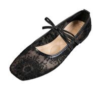 Women's Lace Babies, Comfortable Ballerinas, Chic Flats, Comfort Shoes, Tie Strap, Square Toe, Low Opening, Delicate Line | Elegant Romantic Style for City Daily Outing, 01 Black, 6 UK