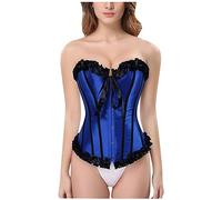 Women's Lace Boned Overbust Corset Bustier Top Satin Court Lace Buckle Bow Contrast Shaping Organ Color Corset Women's Shapeware Tops Long Length (Blue, XL)