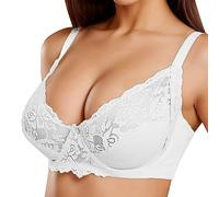 Women's Lace Bra Hollow Out Breathable Bars See Through Bra Low V Neck Sexy Bra Push Up Bustier Non Padded Gather Bra Strap Convertible Bra Wireless Bras for Women UK Underwear White