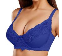 Women's Lace Bra Hollow Out Breathable Bars See Through Bra Low V Neck Sexy Bra Push Up Bustier Non Padded Gather Bra Strap Convertible Bra Wireless Bras for Women UK Underwear Dark Blue