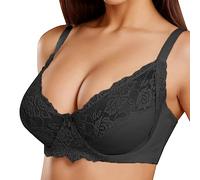 Women's Lace Bra Hollow Out Breathable Bars See Through Bra Low V Neck Sexy Bra Push Up Bustier Non Padded Gather Bra Strap Convertible Bra Wireless Bras for Women UK Underwear Black