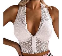 Womens Lace Bralette Front Fastening Vest Bras Ladies Wireless Everyday Lace Cut Out 3/4 Coverage Bras Back Crisscross Racerback Tops (XXL, White)