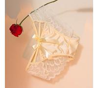 Women's Lace Briefs Satin Butterfly Decor Sheer(Apricot M)