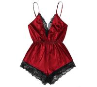 Women's Lace Camisole Jumpsuit,Solid Color Casual Romper For Summer Vacation Beach Yoga Holiday,Regular Fit Stretchy On-e Pi-ece(M Red)