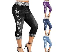 Women's Lace Capri Leggings UK Clearance Ladies Butterfly Printed Three Quarter Trousers Elasticated Waist Tights with Pockets Stretch Slim Fit Bottoms Summer Boho Shorts Lounge Yoga Sweatpants