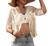 Women's Lace Cardigan Floral Crochet Sheer Beach Cover Ups Long Kimono with Half Sleeves, Beige-a, One size
