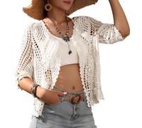 Women's Lace Cardigan Floral Crochet Sheer Beach Cover Ups Long Kimono with Half Sleeves, White-a, One size