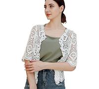 Women's Lace Cardigan Floral Crochet Sheer Beach Cover Ups Long Kimono with Half Sleeves, White, One size