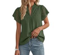 Women's Lace Cotton Elegant Top Henley V Neck Ruffled Sleeve Blouse Ladies Summer Casual Going Out Tops Army Green XL