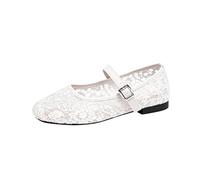 Women's Lace Crochet Ballet Flats Shoes Size 4.5 Mary Jane Flats Square Toe Ballet Flat with Buckle Dressy Comfortable Maryjane Flats Adjustable Strap Office Walking Loafers White Gift