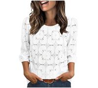 Women's Lace Crochet Puff Sleeve Blouse Three Quarter Sleeves Round Neck Work Shirt for Ladies Fashion Elegant Eyelet Boho Tops Lightweight Breathable Fabric Relaxed Fit Casual Tee for Women