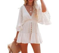 Womens Lace Crochet Romper Dress, V Neck, Batwing Sleeve, Buttons, Mini Dresses with Built-in Shorts