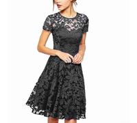 Women's Lace Dress with Short Sleeves and Round Neck, Solid Color, Polyester Fabric, Suitable for All Seasons and Casual Settings (XXXL Black)