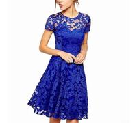 Women's Lace Dress with Short Sleeves and Round Neck, Solid Color, Polyester Fabric, Suitable for All Seasons and Casual Settings (XXXXL Blue)