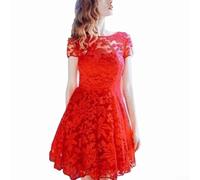Women's Lace Dress with Short Sleeves and Round Neck, Solid Color, Polyester Fabric, Suitable for All Seasons and Casual Settings (L Red)