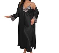 Womens Lace Dressing Gown 2 Piece Pajamas Satin Nightwear Sets Sleepwear Long Robe Jacket Open Front Coat and Spaghetti Straps Nightdress Long Sleeve Loungewear Morning Robes Casual Home Wear
