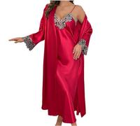 Womens Lace Dressing Gown 2 Piece Pajamas Satin Nightwear Sets Sleepwear Long Robe Jacket Open Front Coat and Spaghetti Straps Nightdress Long Sleeve Loungewear Morning Robes Casual Home Wear